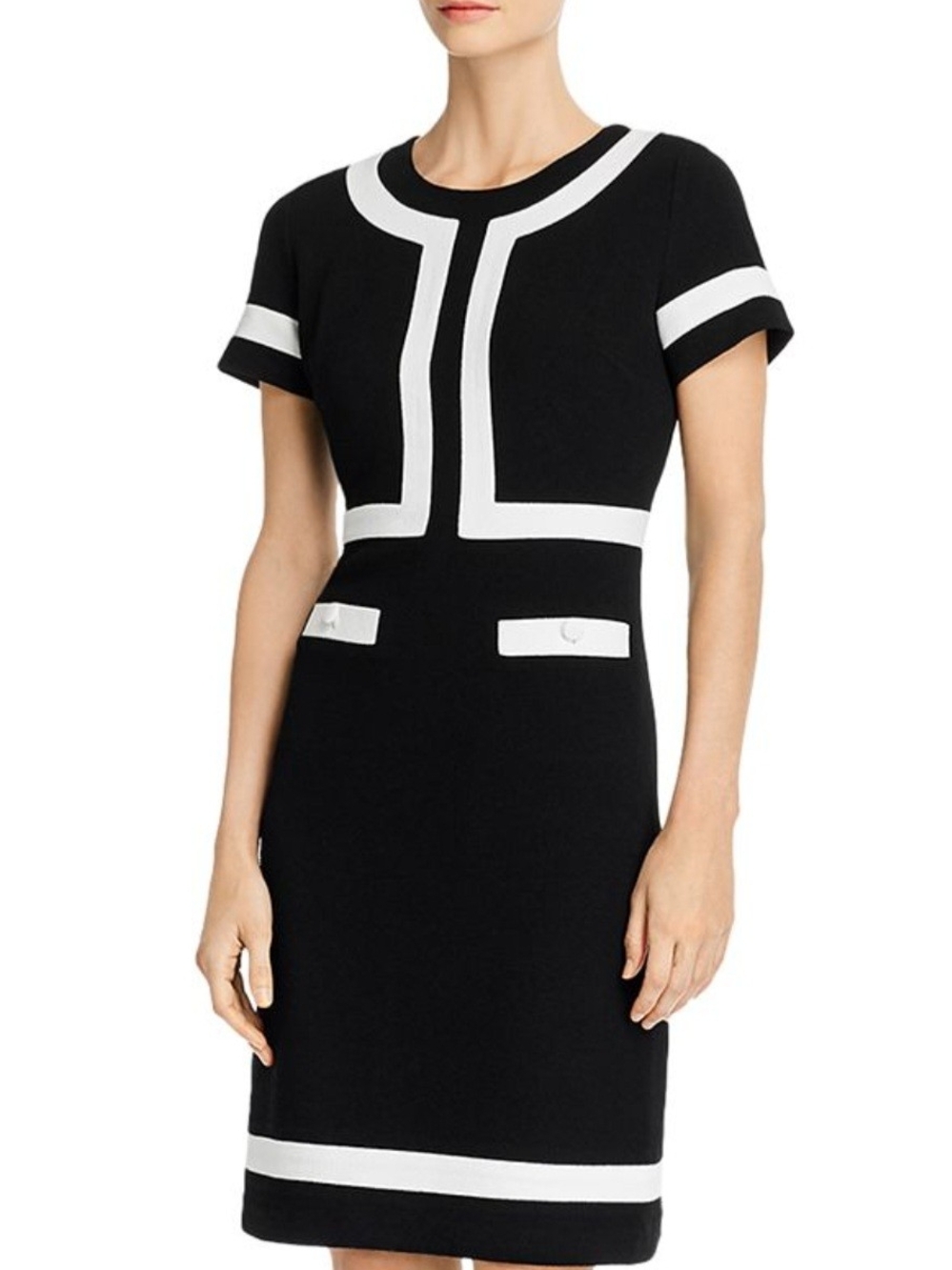 Karl Lagerfeld Black and White Trimmed Short-Sleeve Sheath Dress